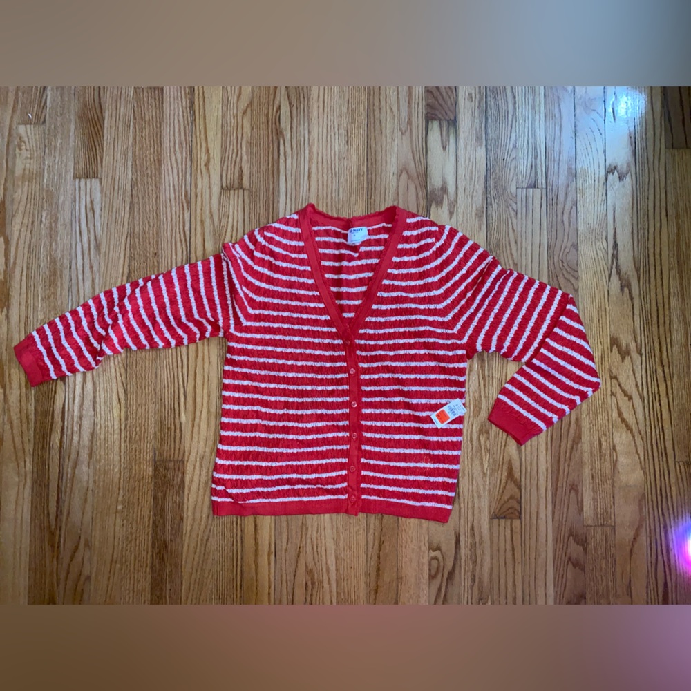 Old Navy Red and White Striped Knit Cardigan